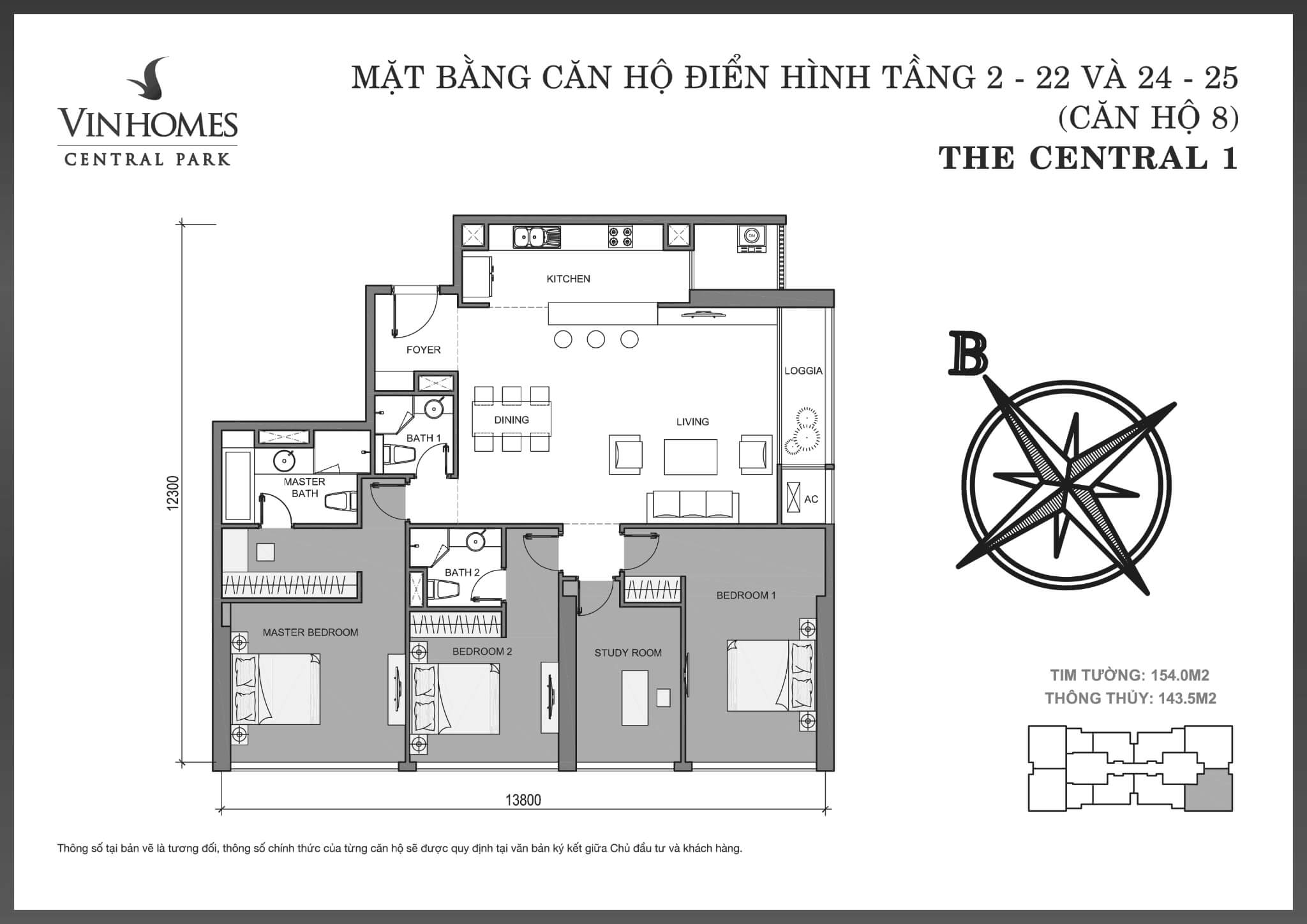 Layout căn hộ số 08 tầng 2-25 tòa The Central 1 - Mặt bằng Vinhomes Central Park